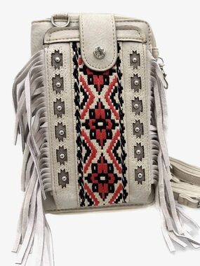 Boho Fringe Crossbody Bag in Light Gray with Red Aztec Panel